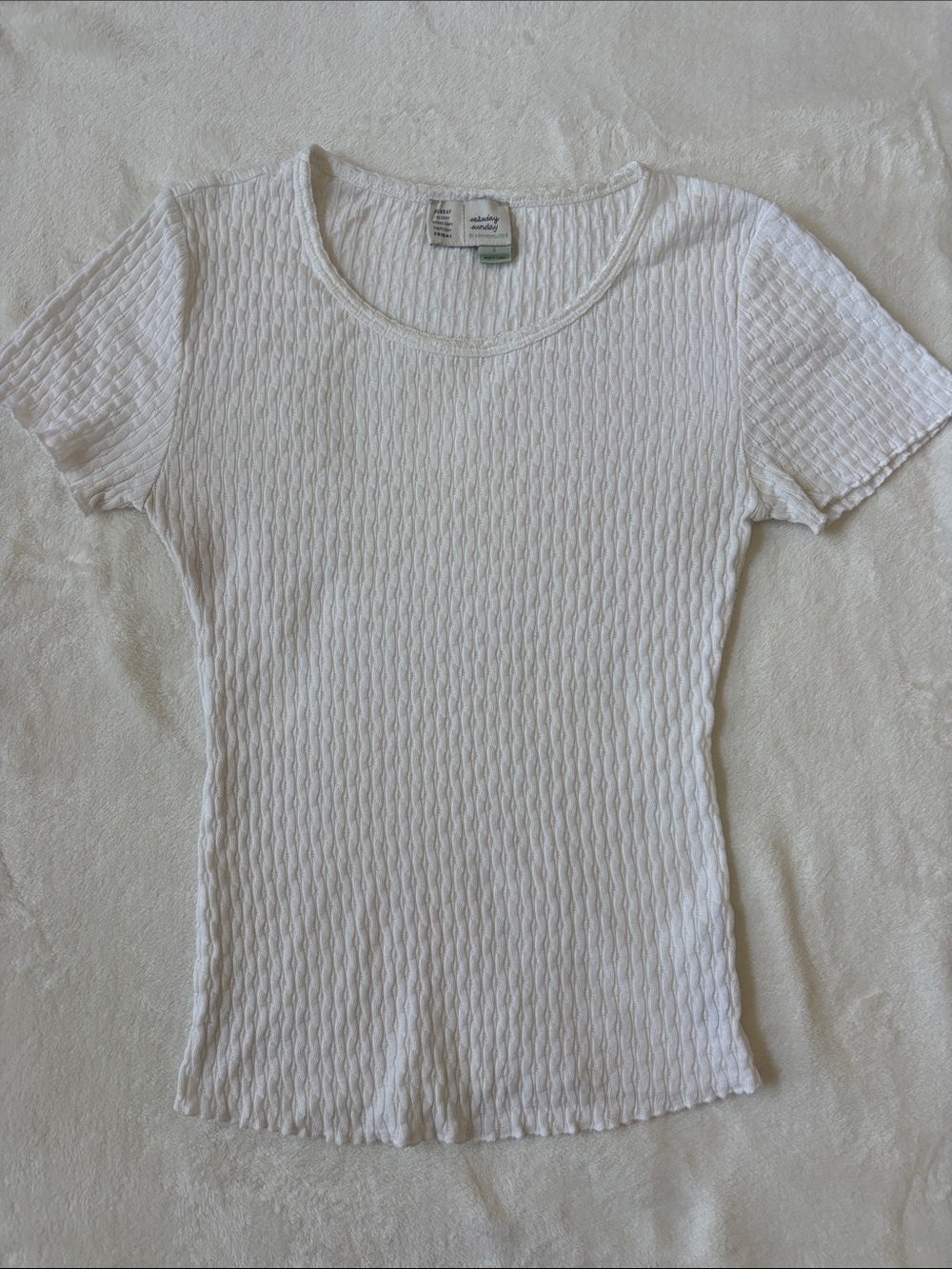Saturday Sunday by Anthropologie White Cream Textured Short Sleeve Lettuce Tee